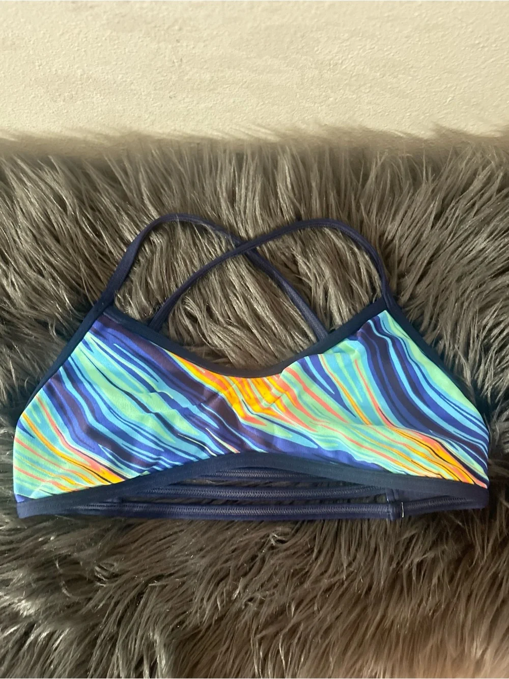 TYR Durafast Elite Trinity Riptidal Striped Blue Athletic Bikini Top Sz L10/12